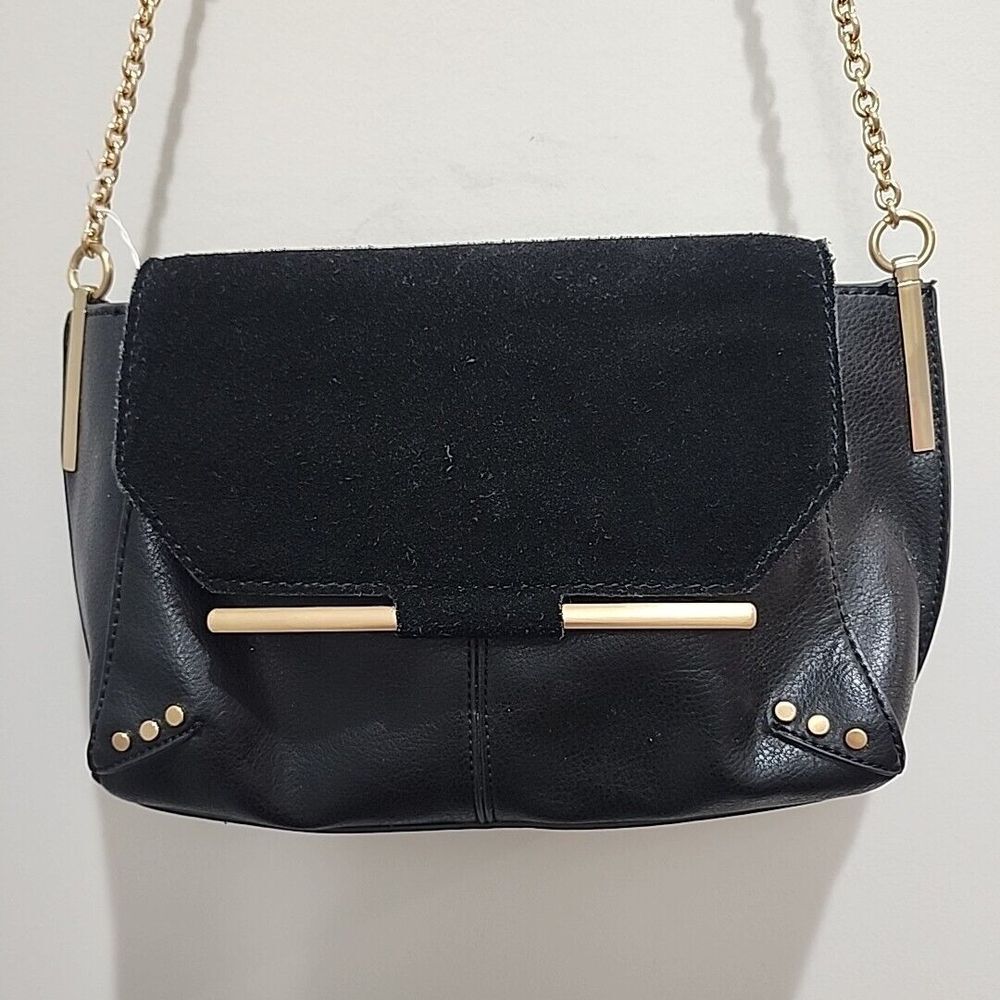 Sole Society Black Crossbody Bag Faux‎ Leather Suede Flap Gold Chain - Picture 2 of 9